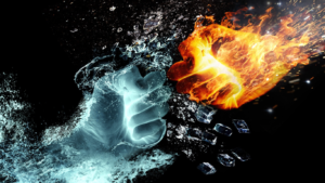 Image of hand of fire against had of ice
