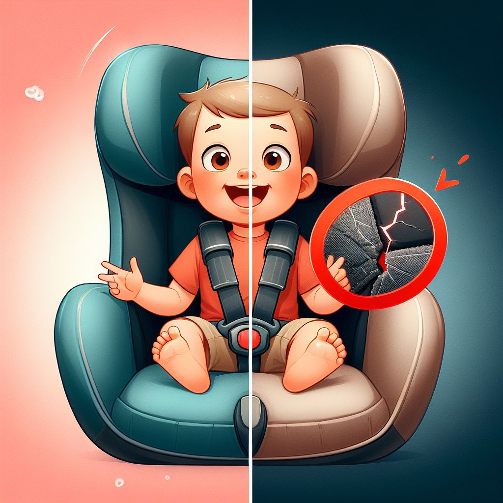 A split image of a car seat in good condition and damaged after an accident.